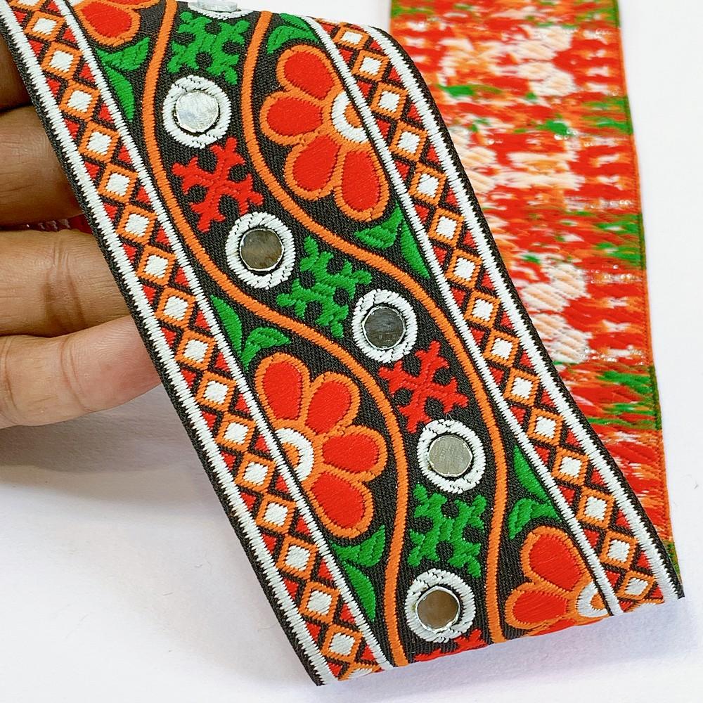 66 mm Kutchi Design Jacquard Lace With Zari Work, shown on white cotton