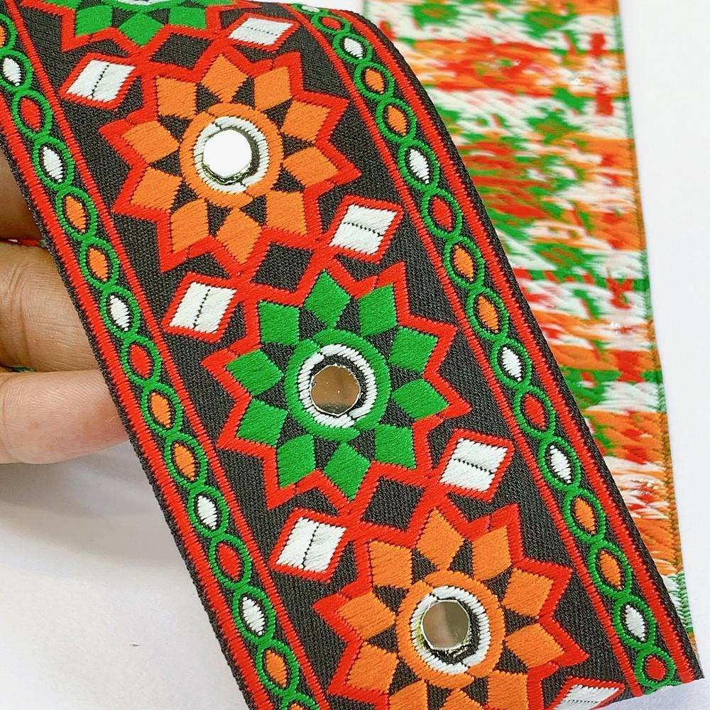 66 mm Kutchi Design Jacquard Lace With Zari Work, shown on white cotton