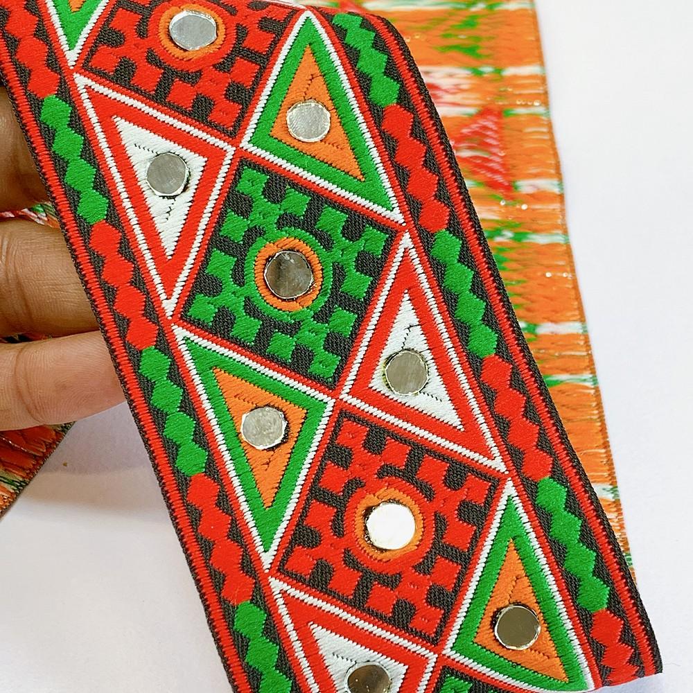 66 mm Kutchi Design Jacquard Lace With Zari Work, shown on white cotton