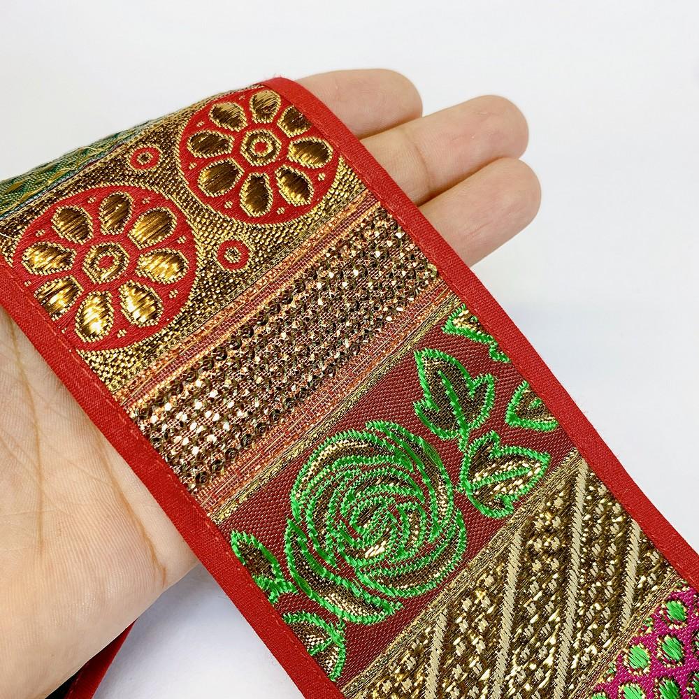 70mm Mix Khichdi Multicolour Jacquard Lace, shown on white cotton