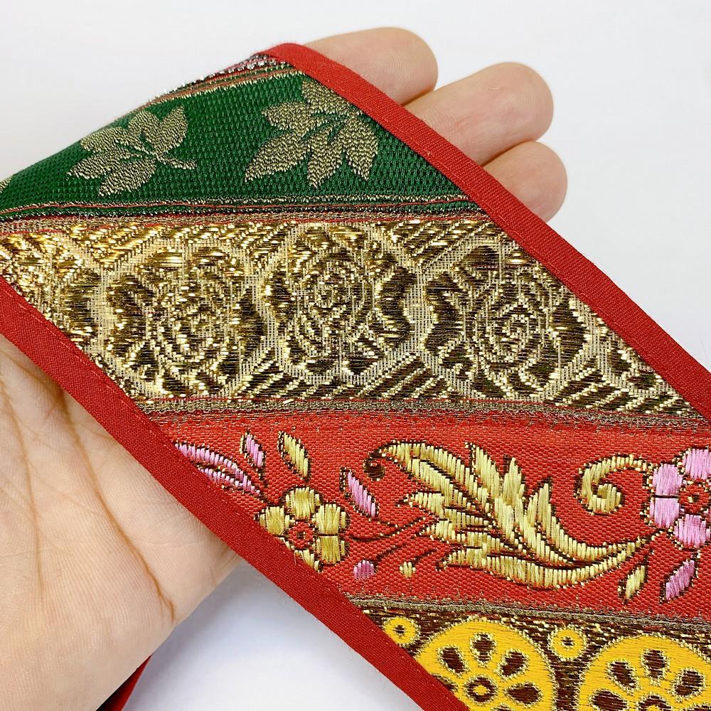 70mm Mix Khichdi Multicolour Jacquard Lace, shown on white cotton