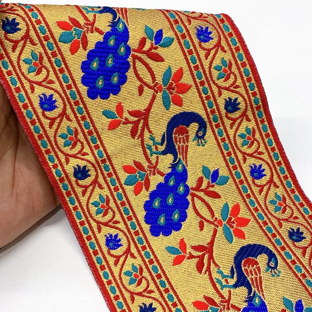 110mm Colorful Peacock Design Jacquard Lace, shown on white cotton