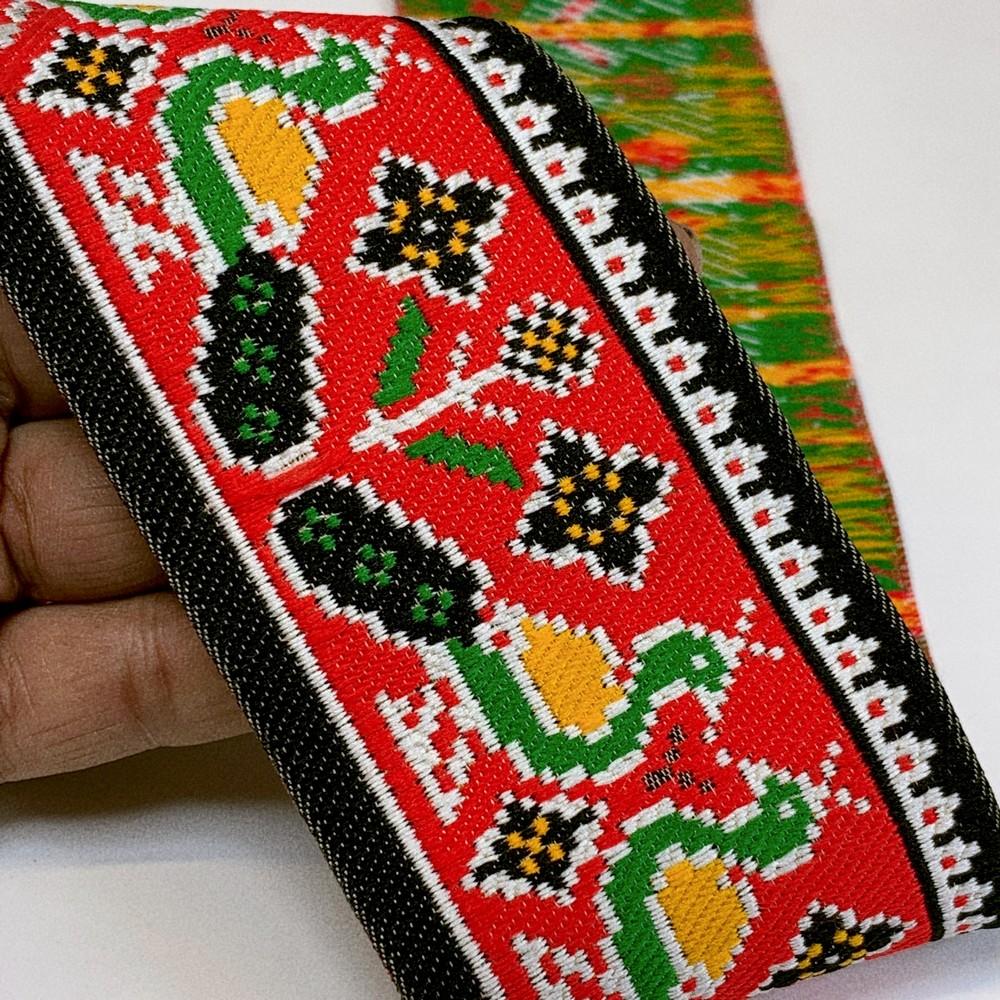 66 mm Colorful Traditional Peacock Design Cross stitch Jacquard Lace, shown on white cotton