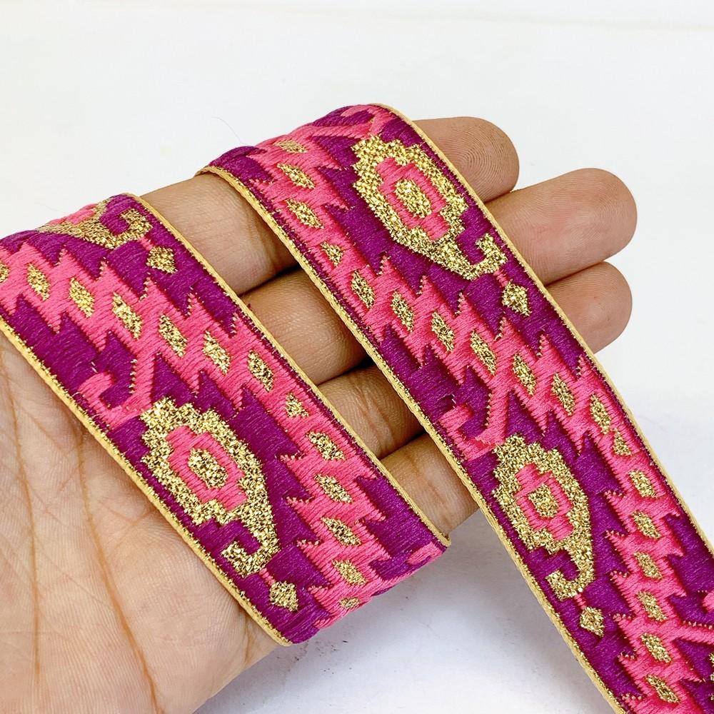 30mm Designer Jacquard Lace With Golden Zari Thread Work, shown on white cotton