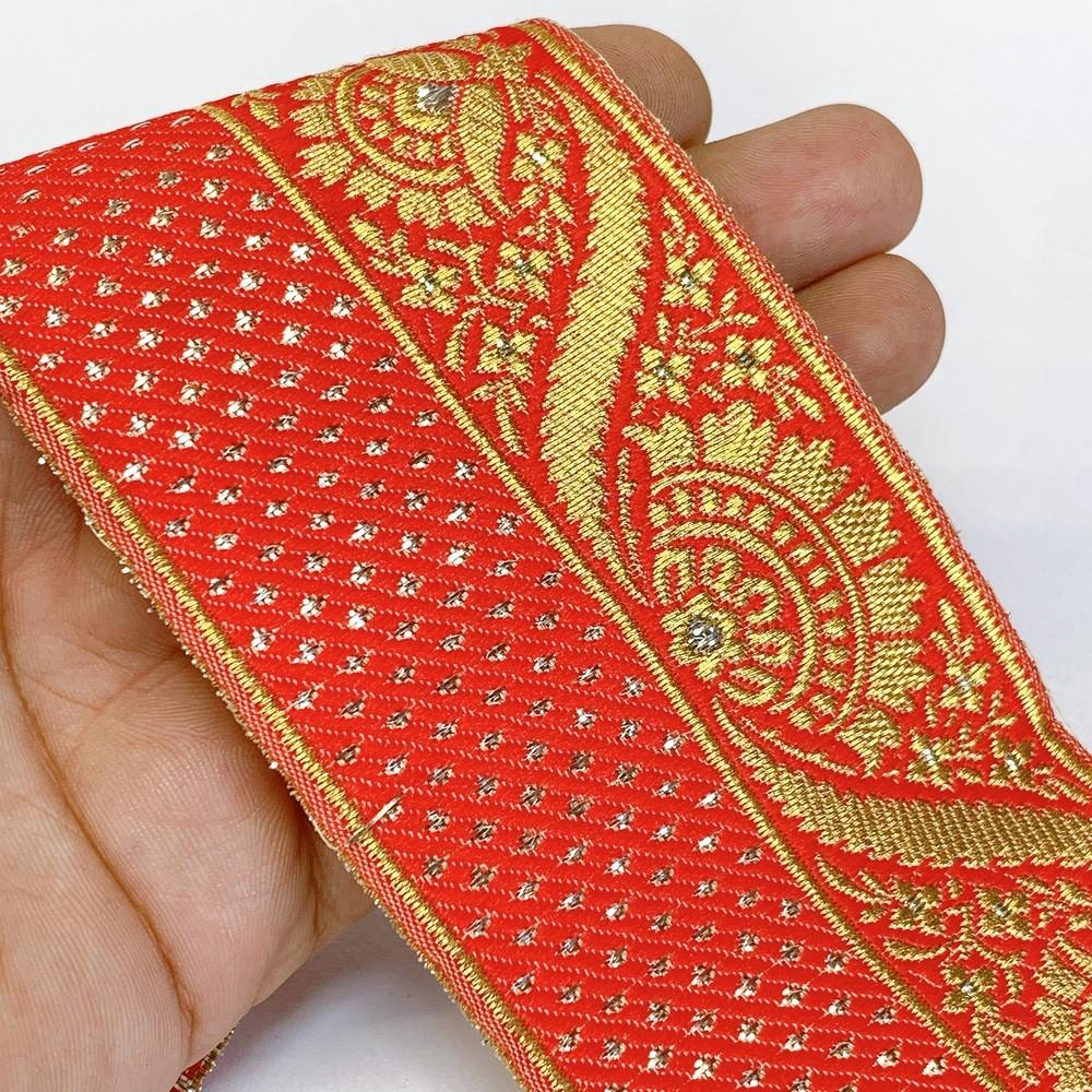 70mm Designer Banarasi Jacquard Lace With Silver Foil Work, shown on white cotton