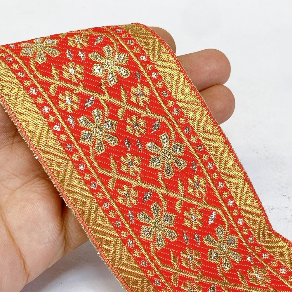 70mm Designer Banarasi Jacquard Lace With Silver Foil Work, shown on white cotton