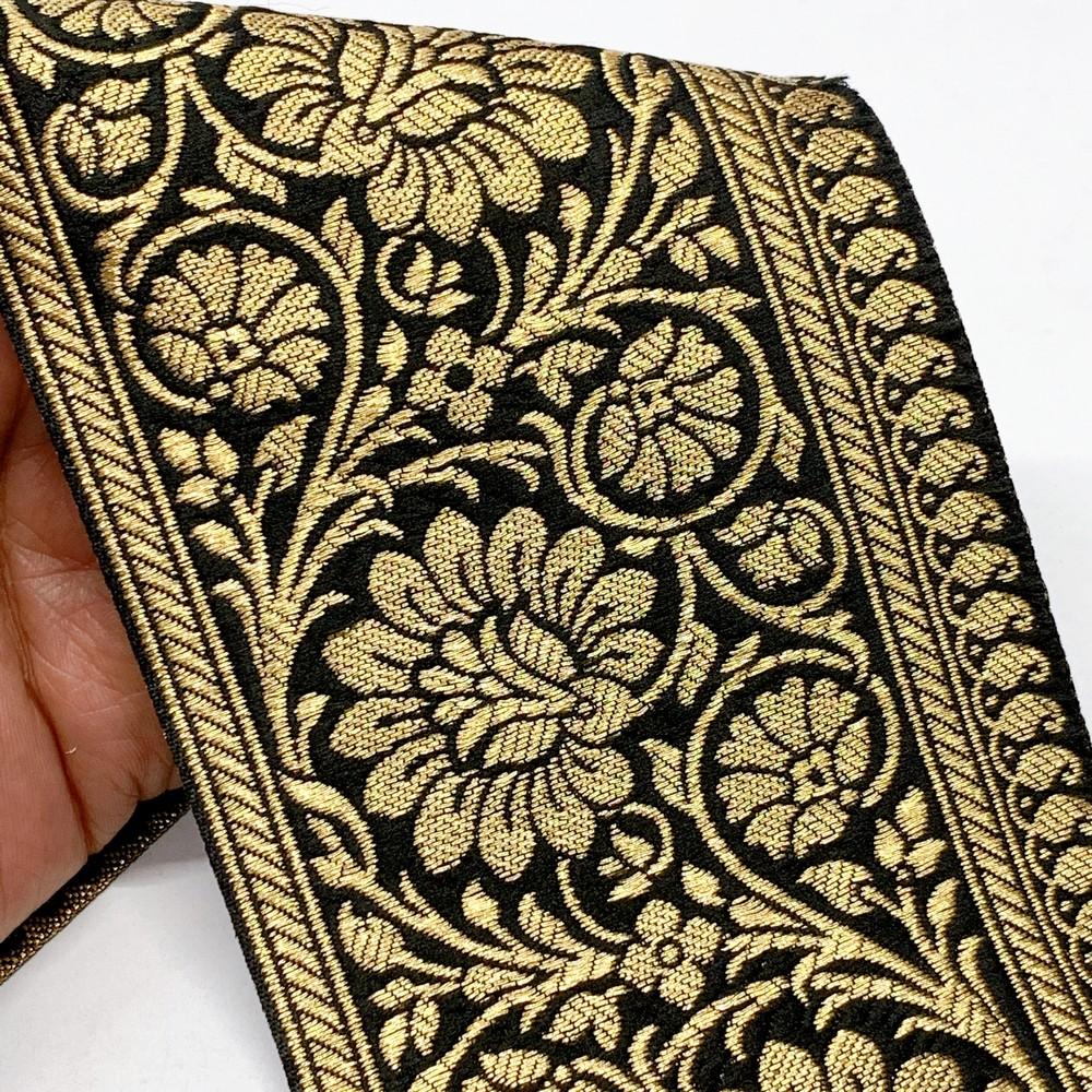 100mm Designer Foral Golden Banarasi Lace, shown on white cotton