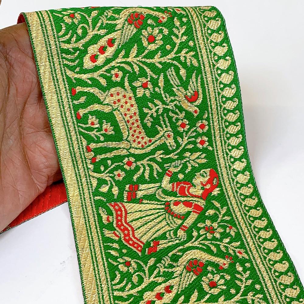 95mm Designer Golden Zari Banarasi Jacquard Lace, shown on white cotton