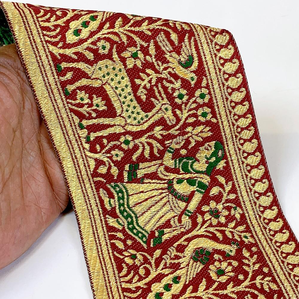95mm Designer Golden Zari Banarasi Jacquard Lace, shown on white cotton