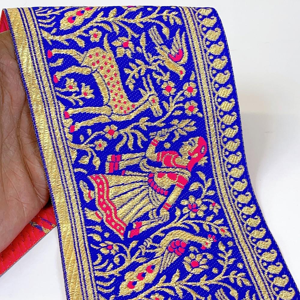 95mm Designer Golden Zari Banarasi Jacquard Lace, shown on white cotton