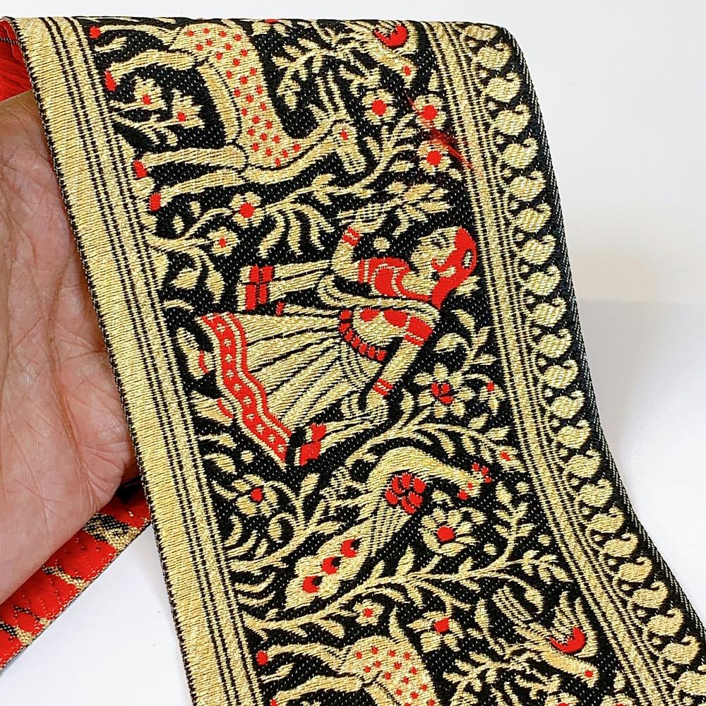 95mm Designer Golden Zari Banarasi Jacquard Lace, shown on white cotton