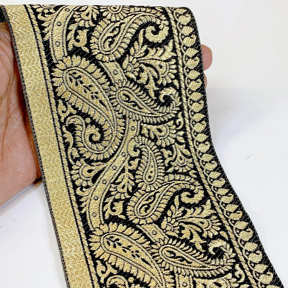 100mm Designer Foral Golden Banarasi Lace, shown on white cotton
