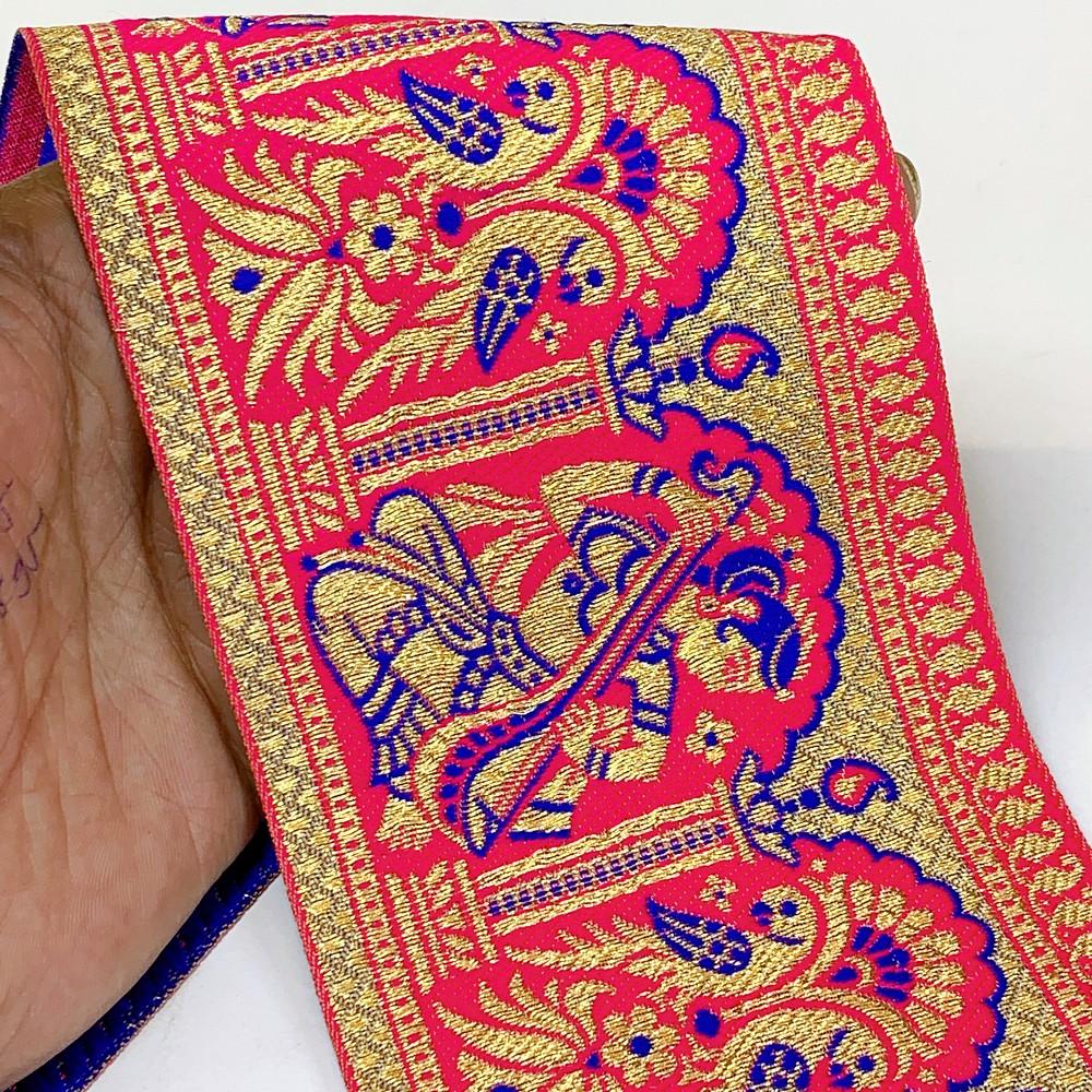 95mm Designer Golden Zari Banarasi Jacquard Lace, shown on white cotton