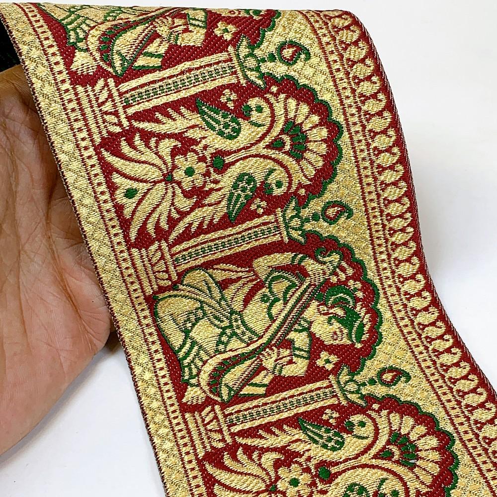 95mm Designer Golden Zari Banarasi Jacquard Lace, shown on white cotton