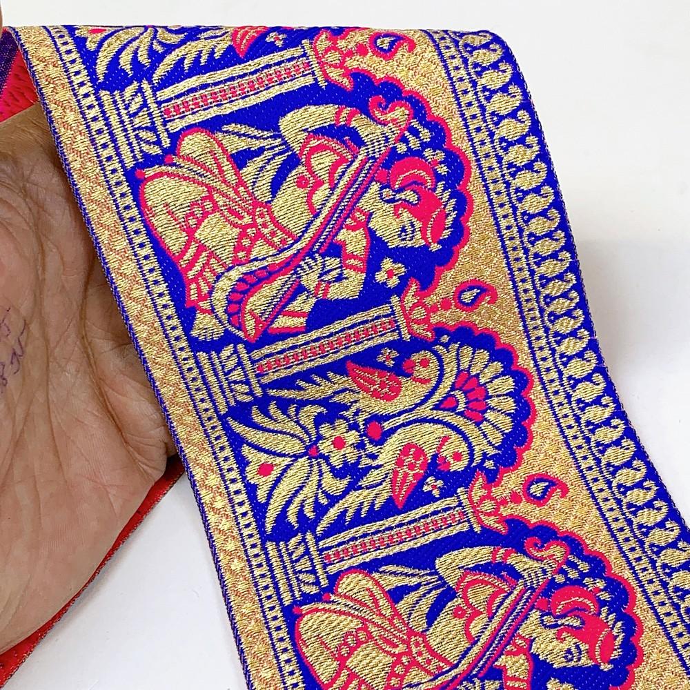95mm Designer Golden Zari Banarasi Jacquard Lace, shown on white cotton