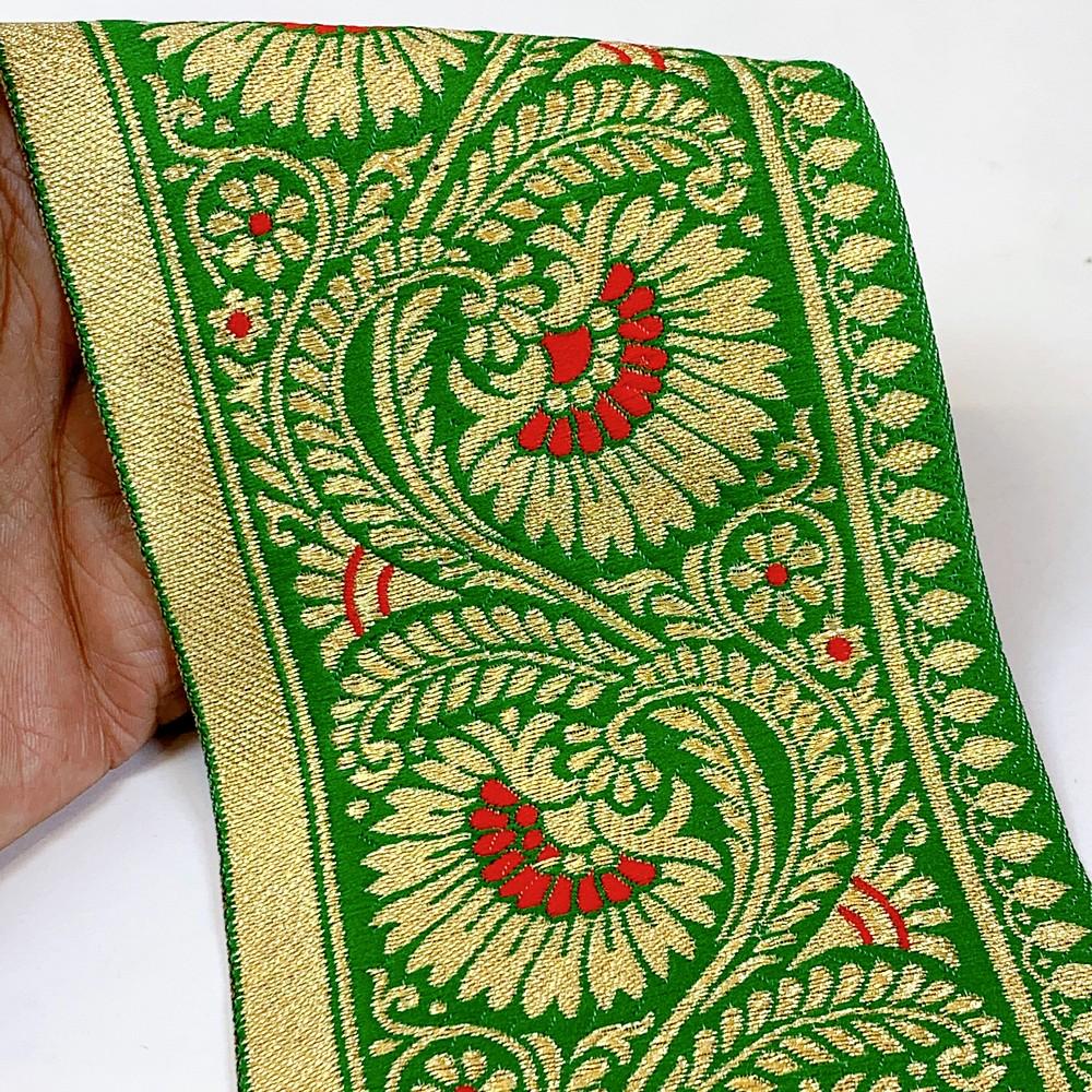 95mm Designer Golden Zari Banarasi Jacquard Lace, shown on white cotton