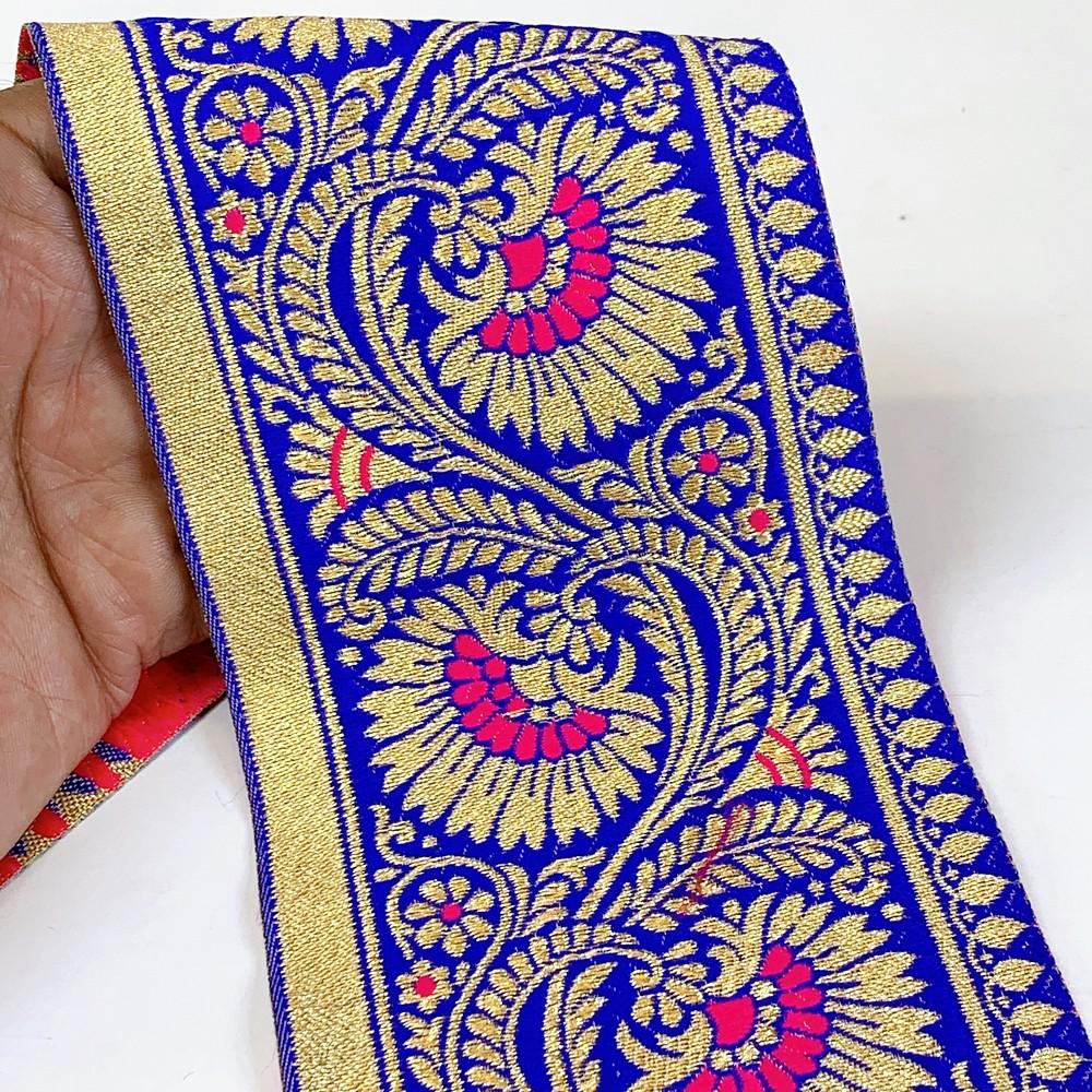 95mm Designer Golden Zari Banarasi Jacquard Lace, shown on white cotton