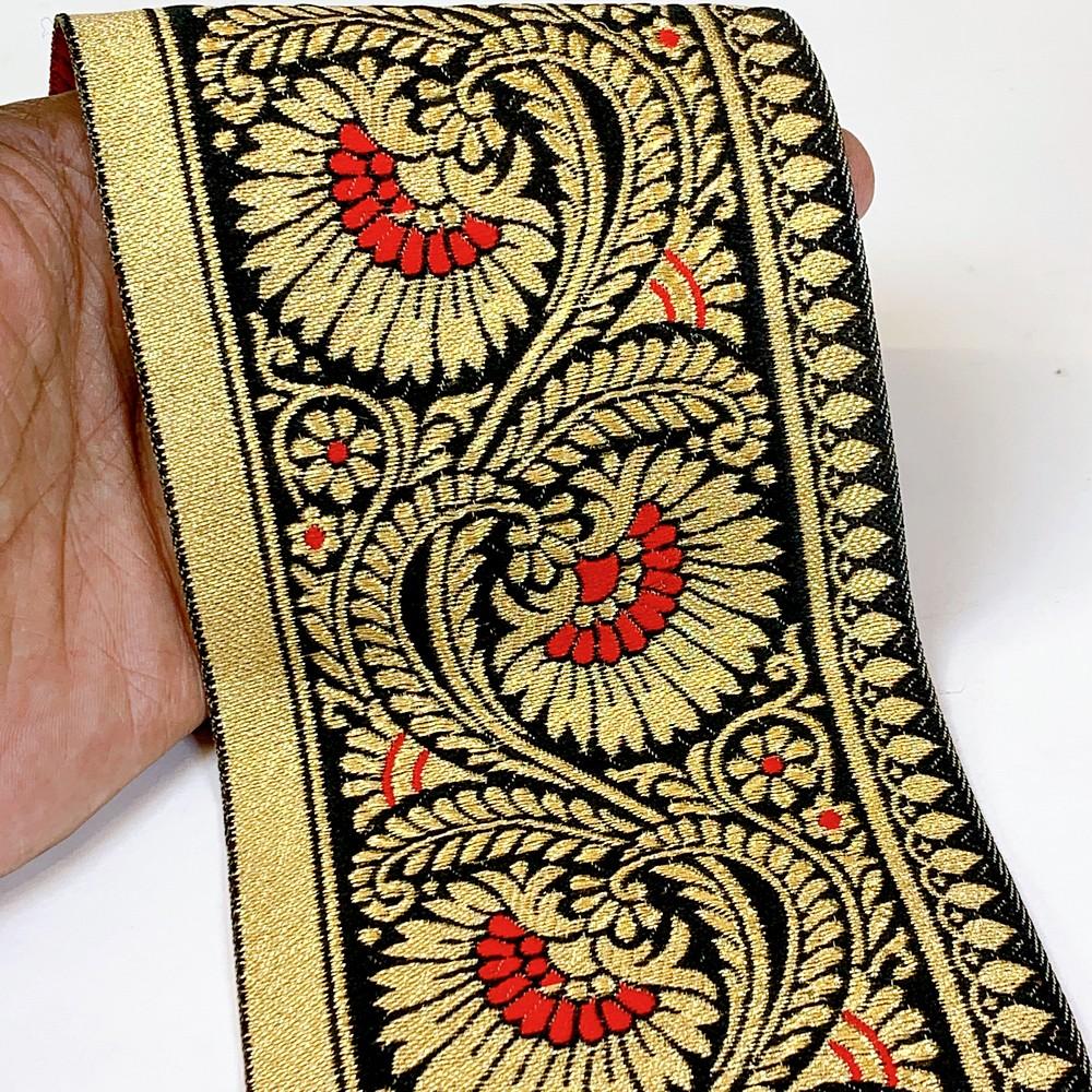 95mm Designer Golden Zari Banarasi Jacquard Lace, shown on white cotton