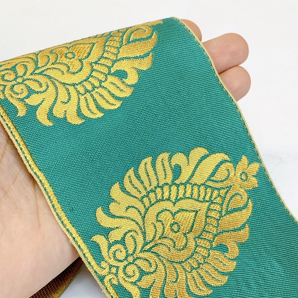 95mm Designer Golden Zari Banarasi Jacquard Lace, shown on white cotton