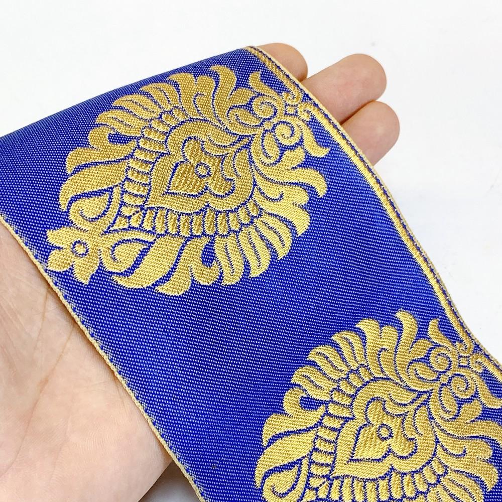 95mm Designer Golden Zari Banarasi Jacquard Lace, shown on white cotton