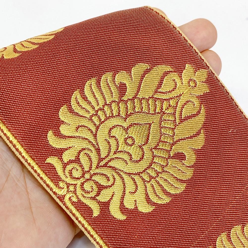 95mm Designer Golden Zari Banarasi Jacquard Lace, shown on white cotton