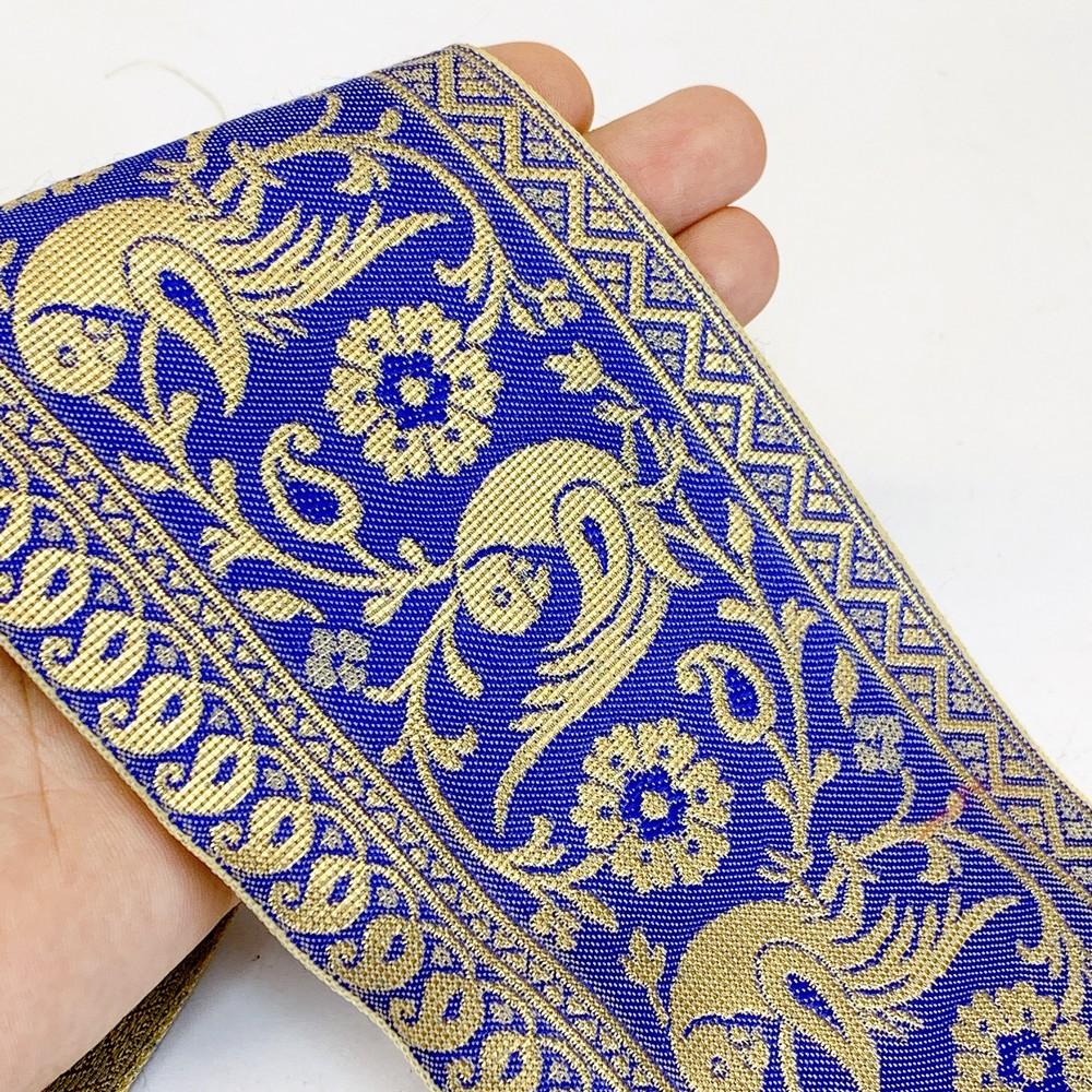 95mm Designer Golden Zari Banarasi Jacquard Lace, shown on white cotton