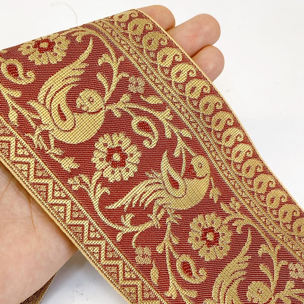 95mm Designer Golden Zari Banarasi Jacquard Lace, shown on white cotton