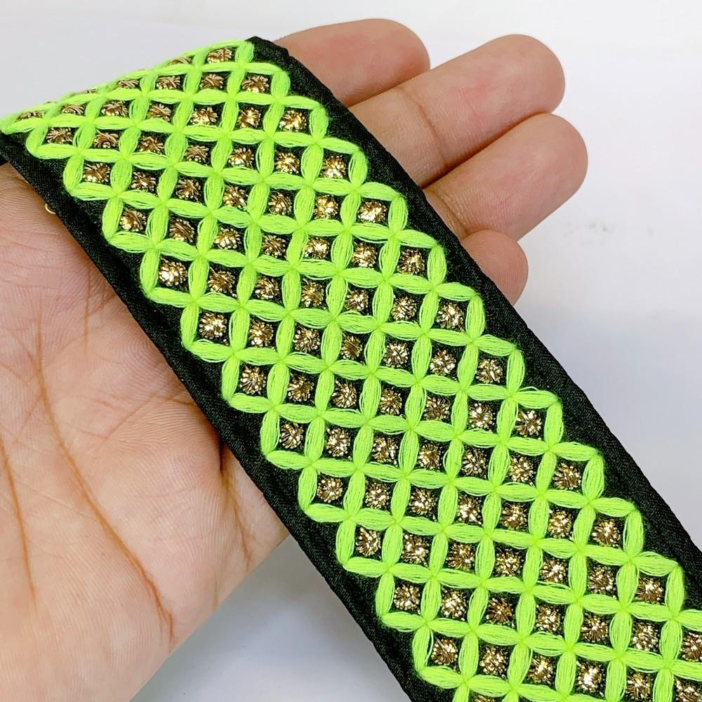 48 mm Checks Design Embroidery Lace, shown on white cotton