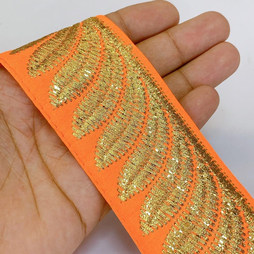 50mm Designer Zari Embroidery lace, shown on white cotton