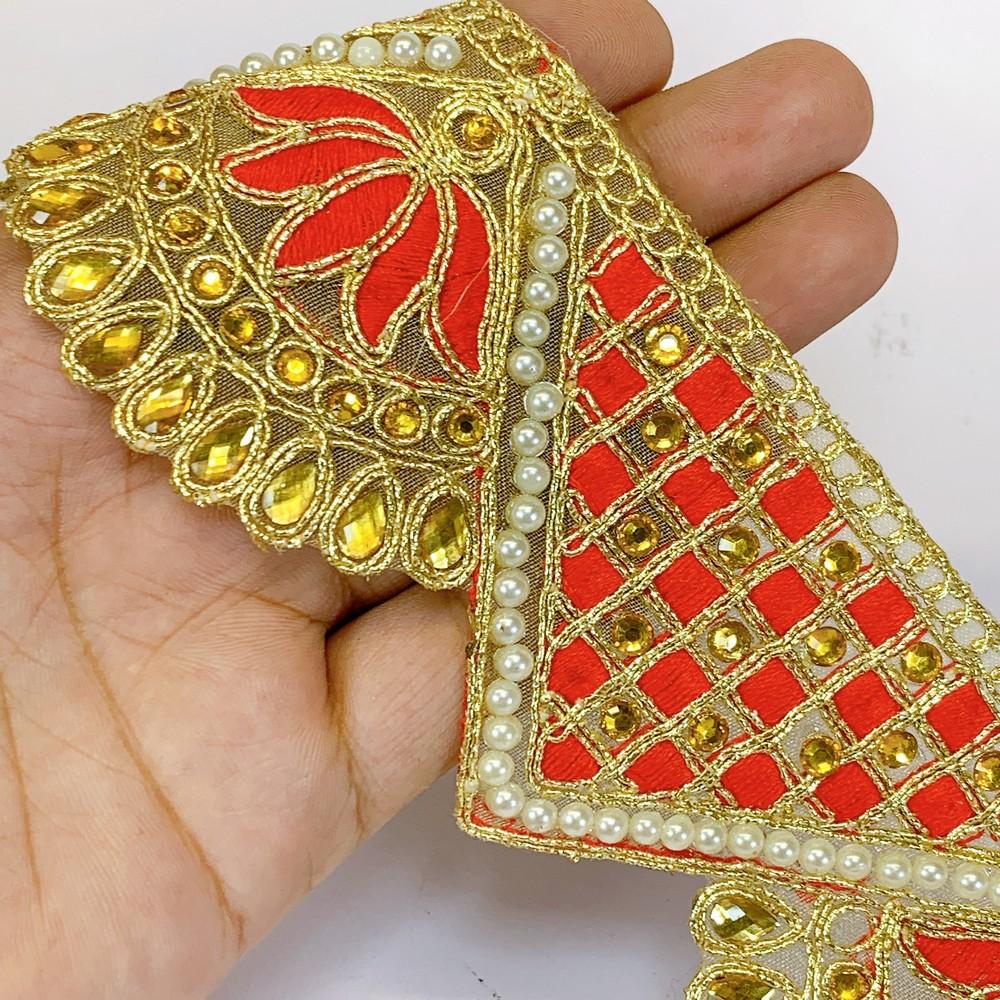 60mm Designer Cutwork Embroidery Lace With Stone Work, shown on white cotton