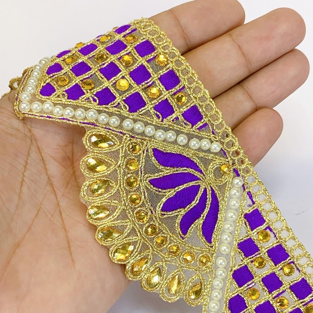 60mm Designer Cutwork Embroidery Lace With Stone Work, shown on white cotton