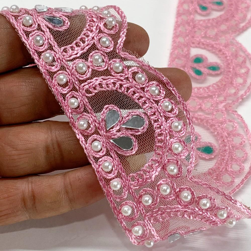 46 mm Designer Cutwork Embroidery Lace With Stone Work, shown on white cotton