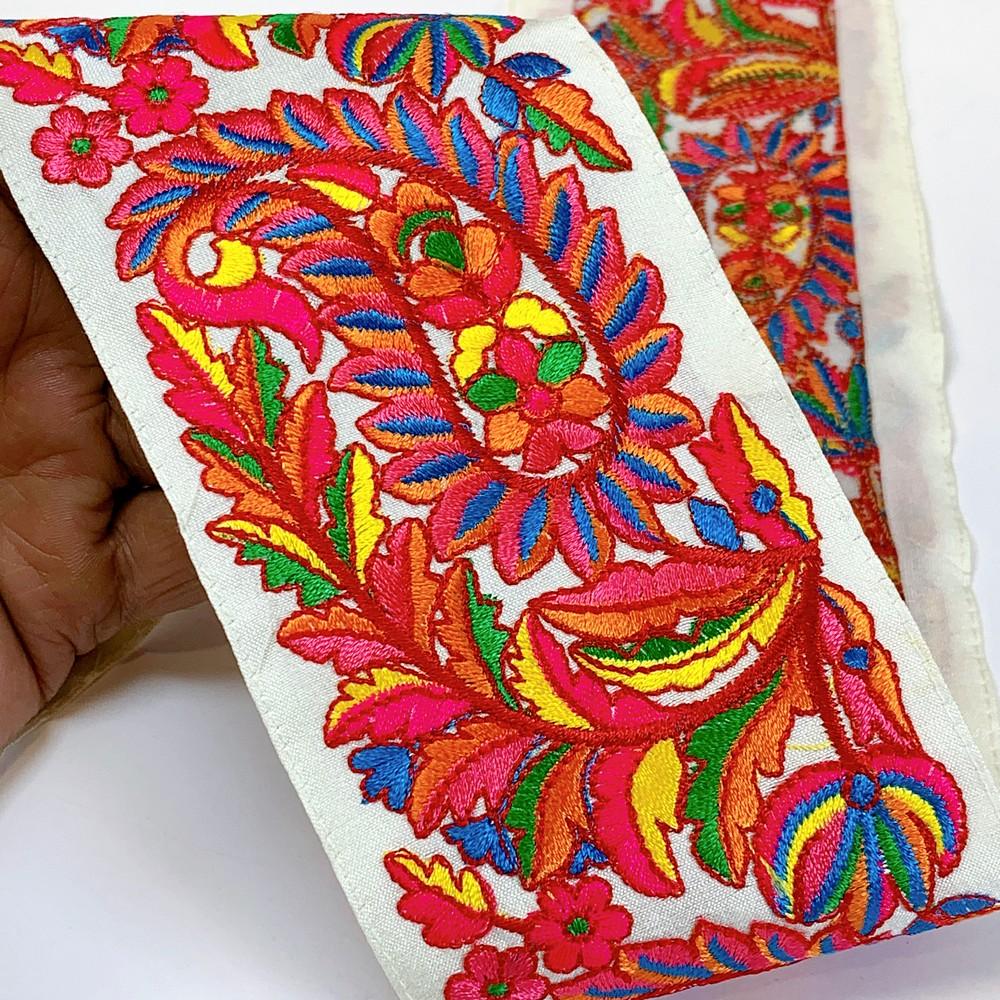 78 mm Designer Embroidery Kutchi Work Lace, shown on white cotton