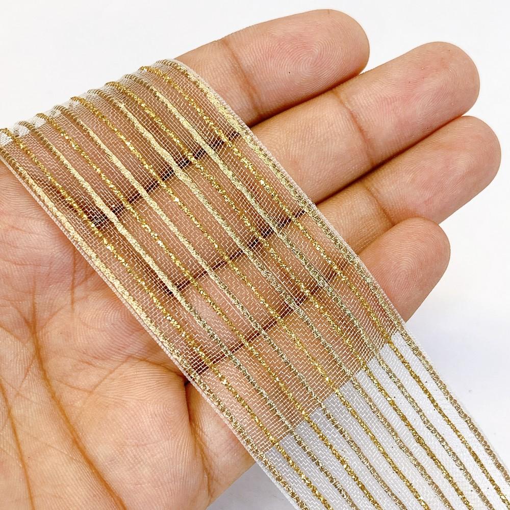 38 mm Sheer Ribbon with 5 line Glitter Shiny Metallic Thread, shown on white cotton