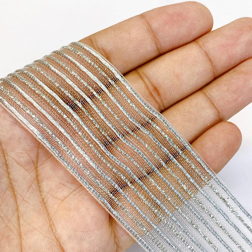 38 mm Sheer Ribbon with 5 line Glitter Shiny Metallic Thread, shown on white cotton