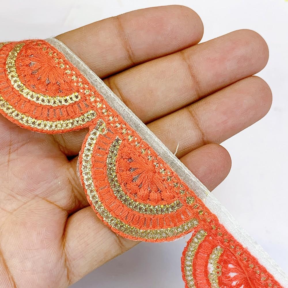 30mm Designer Embroidery Cutwork Lace With Sequin Work, shown on white cotton