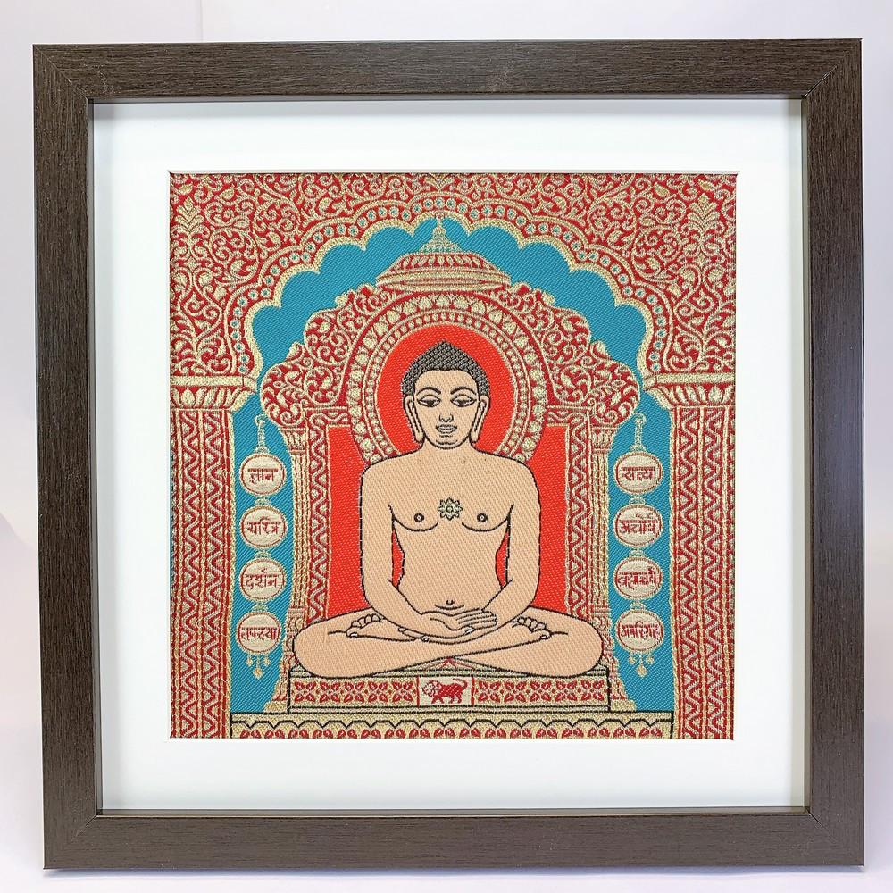 Lami Woven Mahavir Swami Art Frame, shown on white cotton