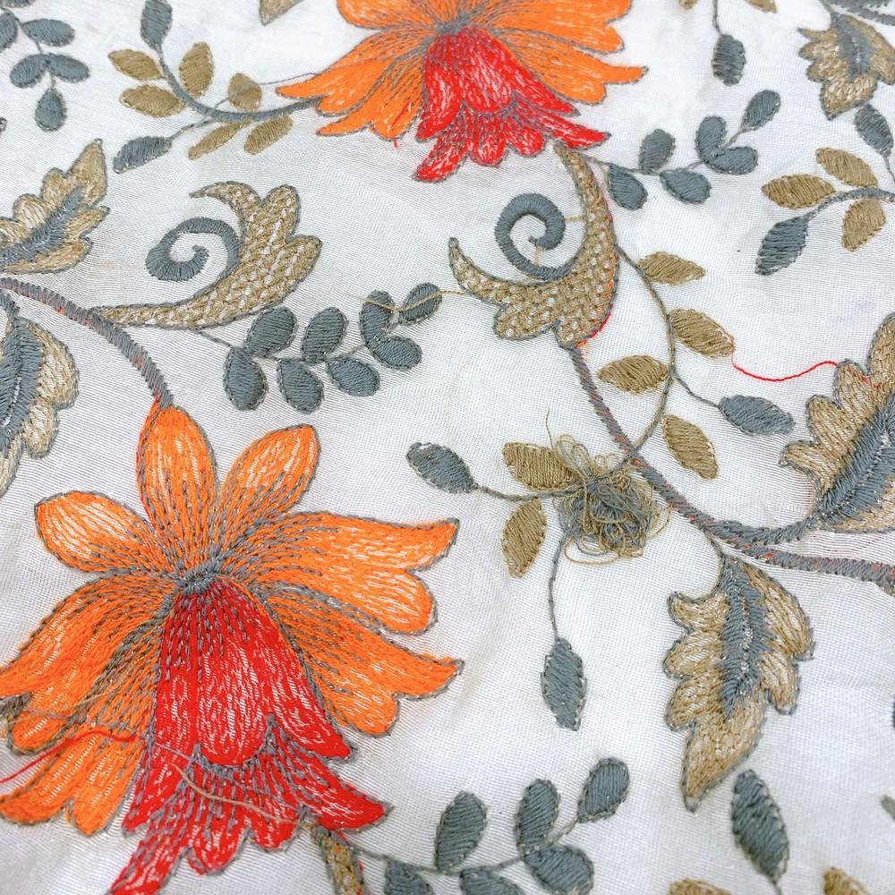 Embroidery Work On Cotton Fabric, shown on white cotton