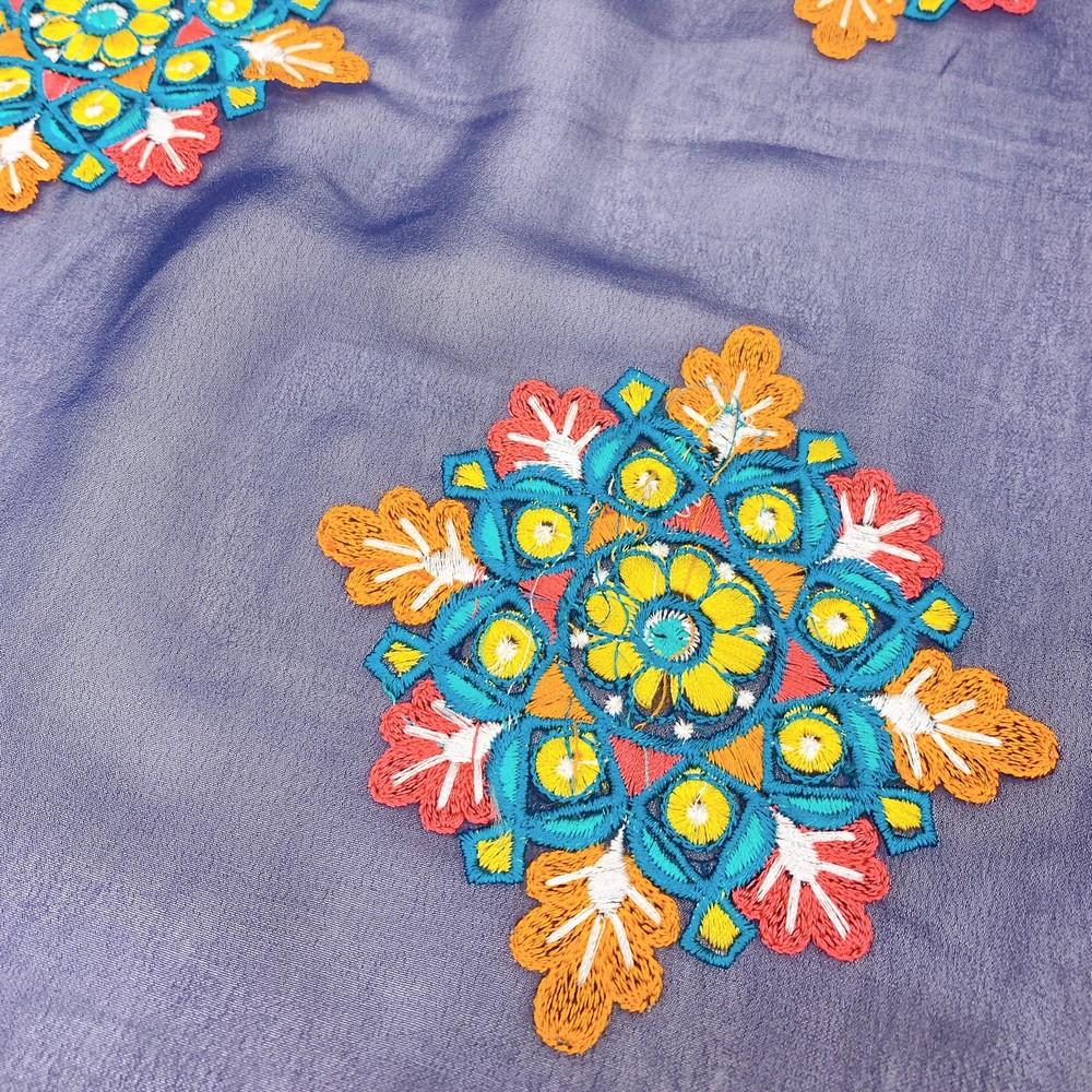 Embroidery Work On Georgette Fabric, shown on white cotton