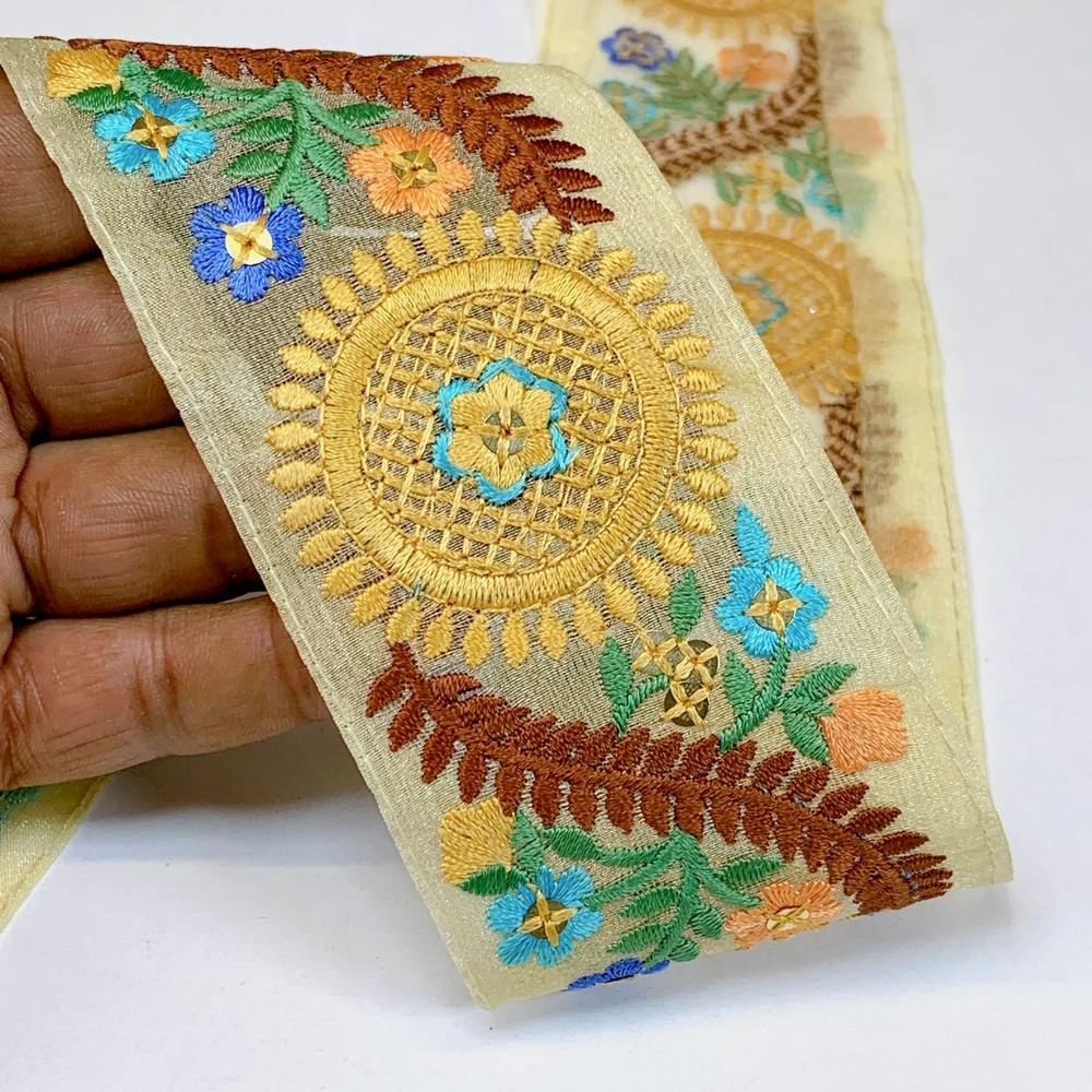 Lami 54 mm Designer Colorful Parsi Embroidery Lace, shown on white cotton