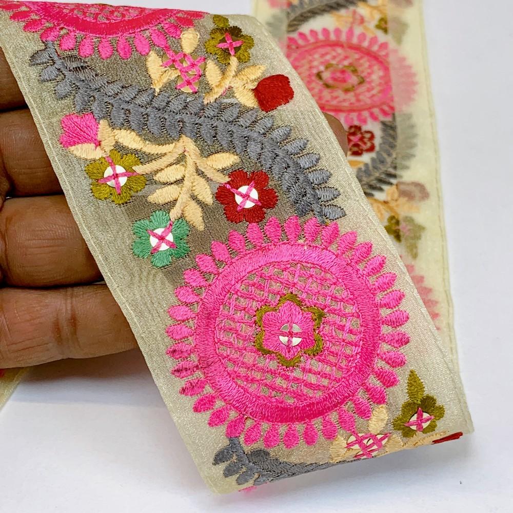 Lami 54 mm Designer Colorful Parsi Embroidery Lace, shown on white cotton