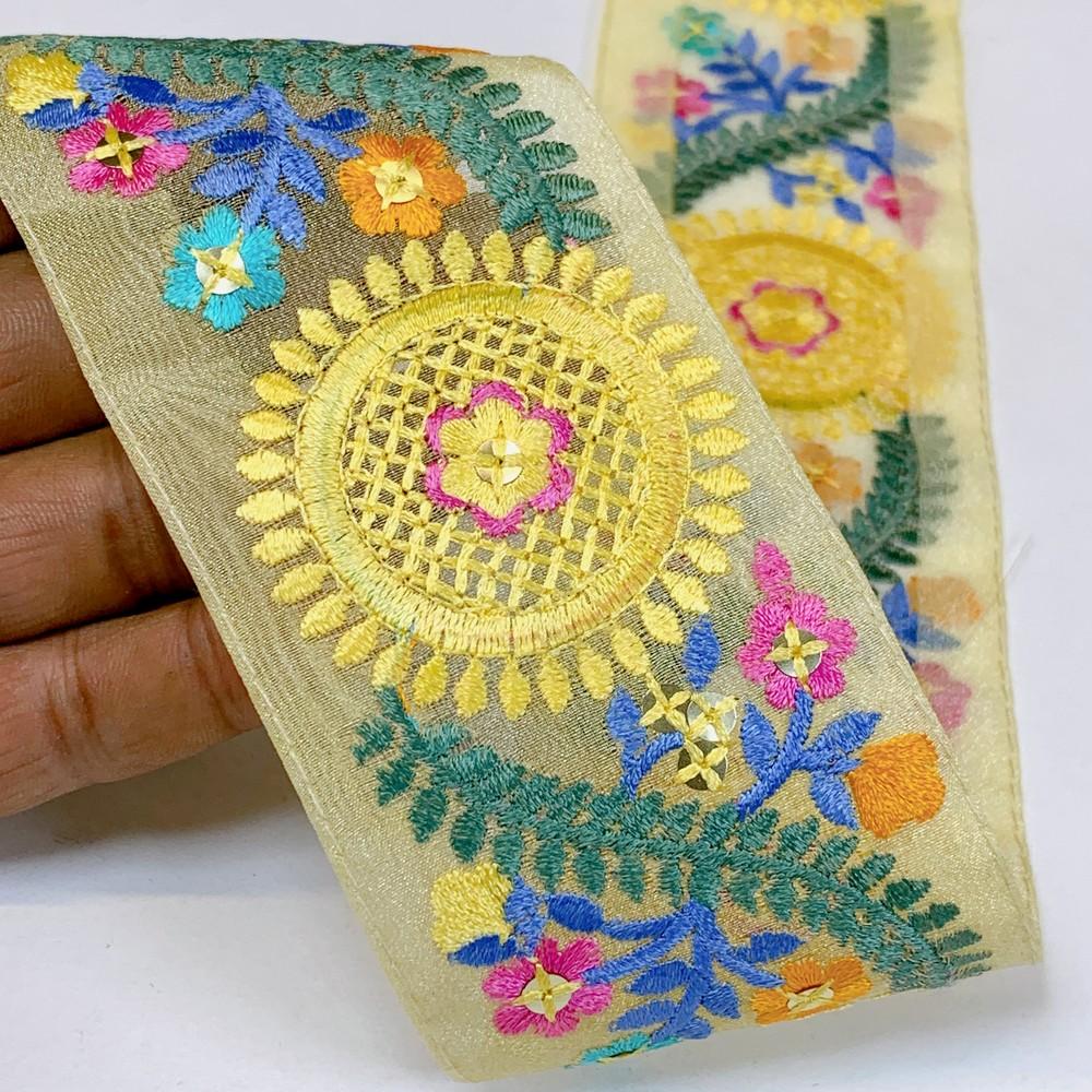 Lami 54 mm Designer Colorful Parsi Embroidery Lace, shown on white cotton