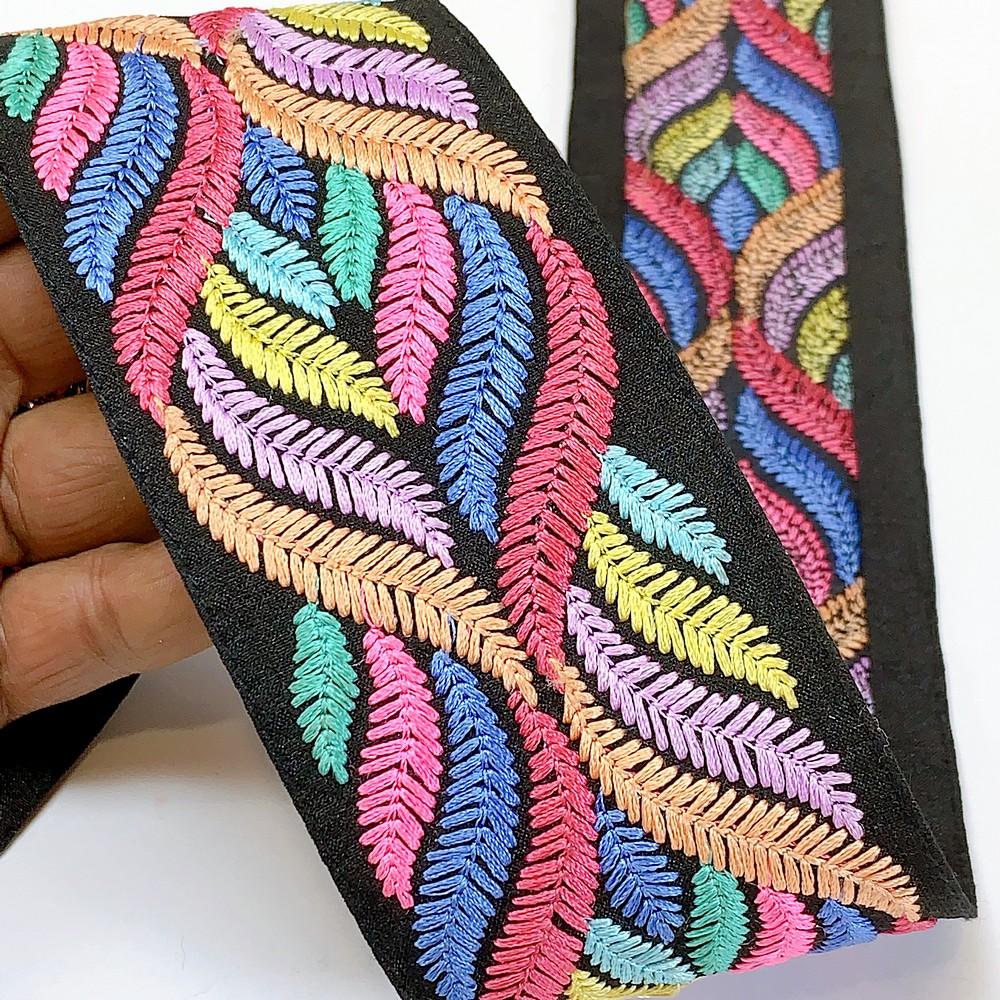 Lami 60mm Designer Colorful Embroidery Lace, shown on white cotton