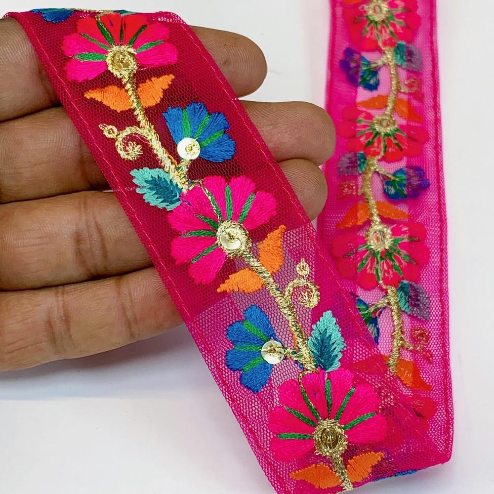 Lami 32 mm Designer Colorful Parsi Embroidery Lace, shown on white cotton
