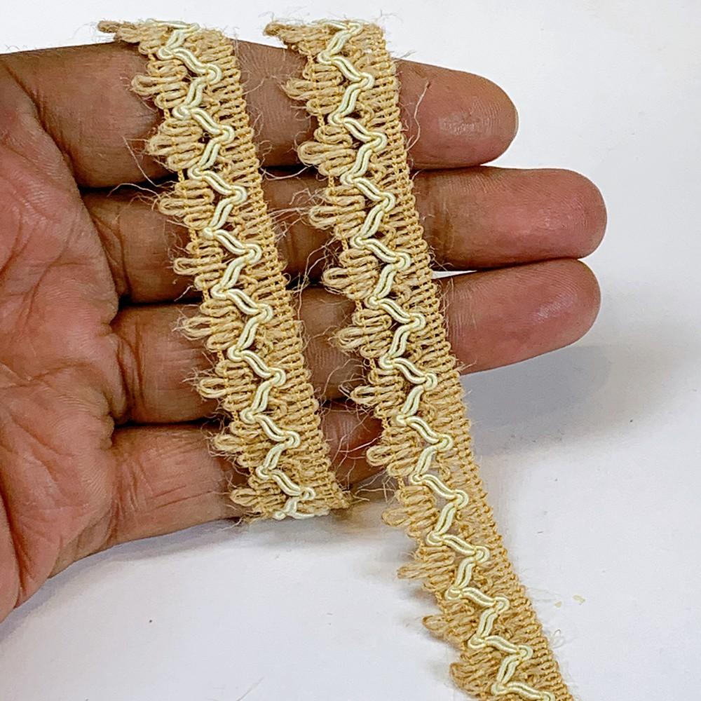 Lami 16 mm Designer Colorful Natural Jute Crochet Trims, shown on white cotton