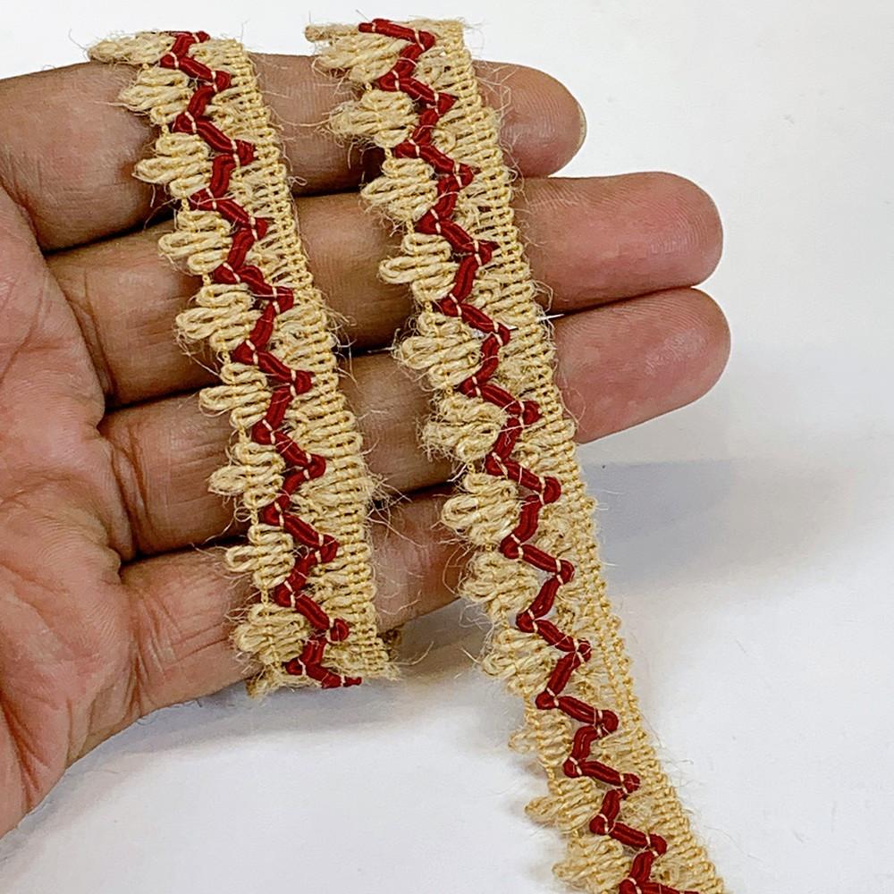 Lami 16 mm Designer Colorful Natural Jute Crochet Trims, shown on white cotton