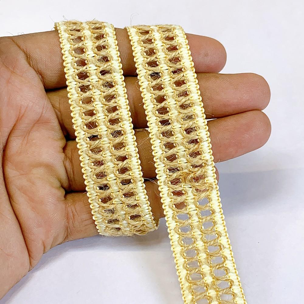 Lami 20mm Designer Colorful Natural Jute Crochet Trims, shown on white cotton