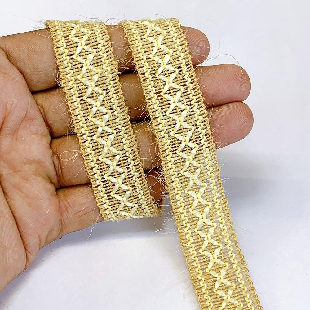 Lami 20mm Designer Colorful Natural Jute Crochet Trims, shown on white cotton