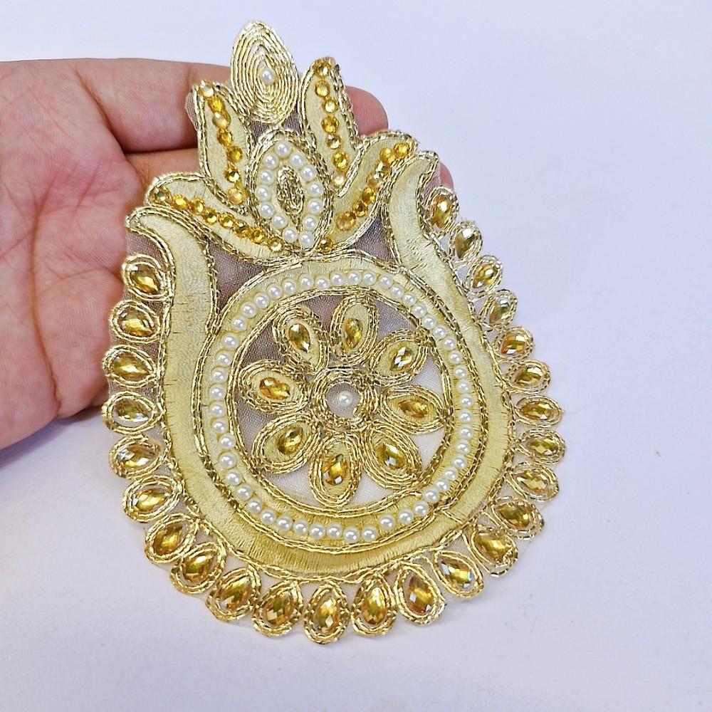 Lami 15 X 11 cm Designer Embroidery Patches With Stone and Pearl Work (Pack of 5), shown on white cotton