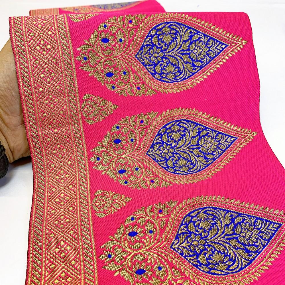 205 mm Designer Banarasi Jacquard Lace, shown on white cotton